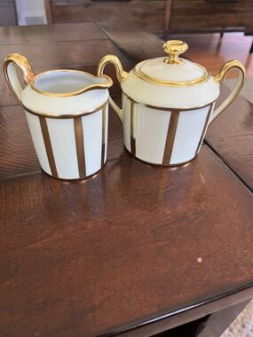 Vintage Legle Limoges White Porcelain Creamer and Sugar with Gold Trim